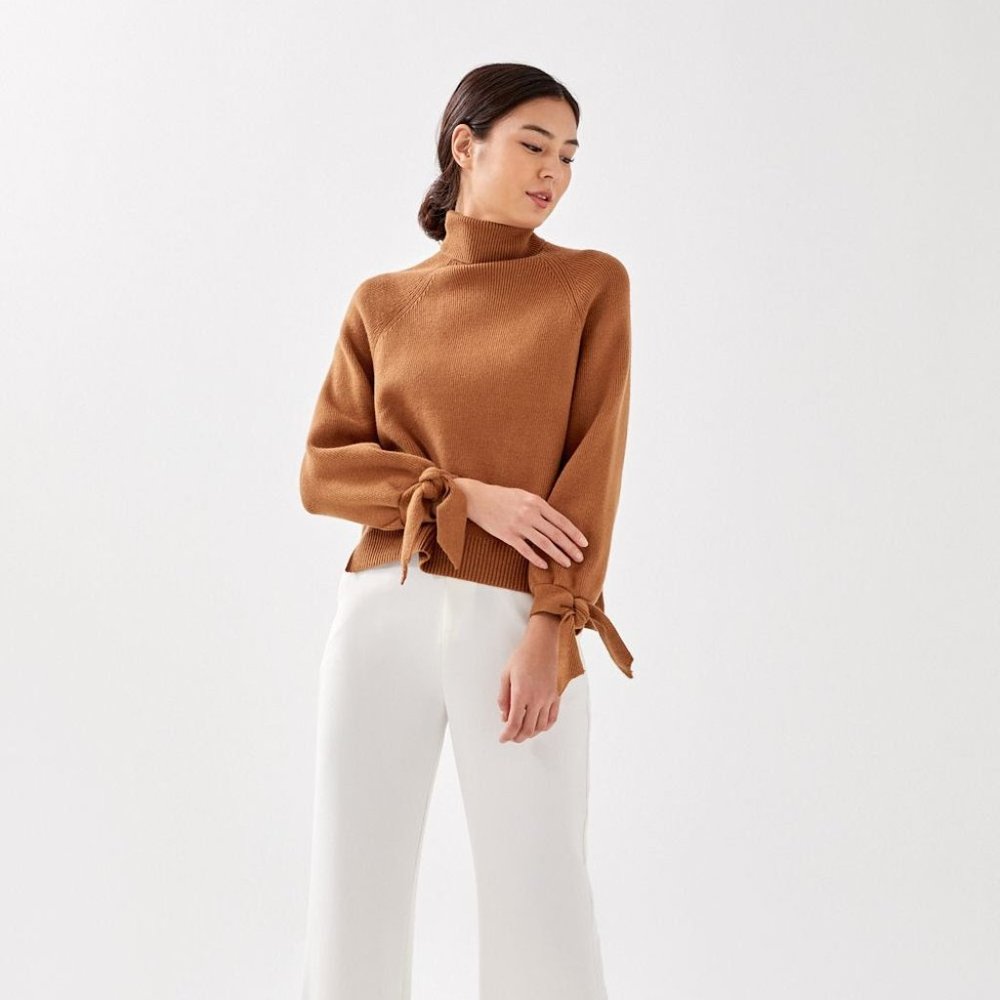 Tie-Sleeve Turtleneck Sweater in Camel